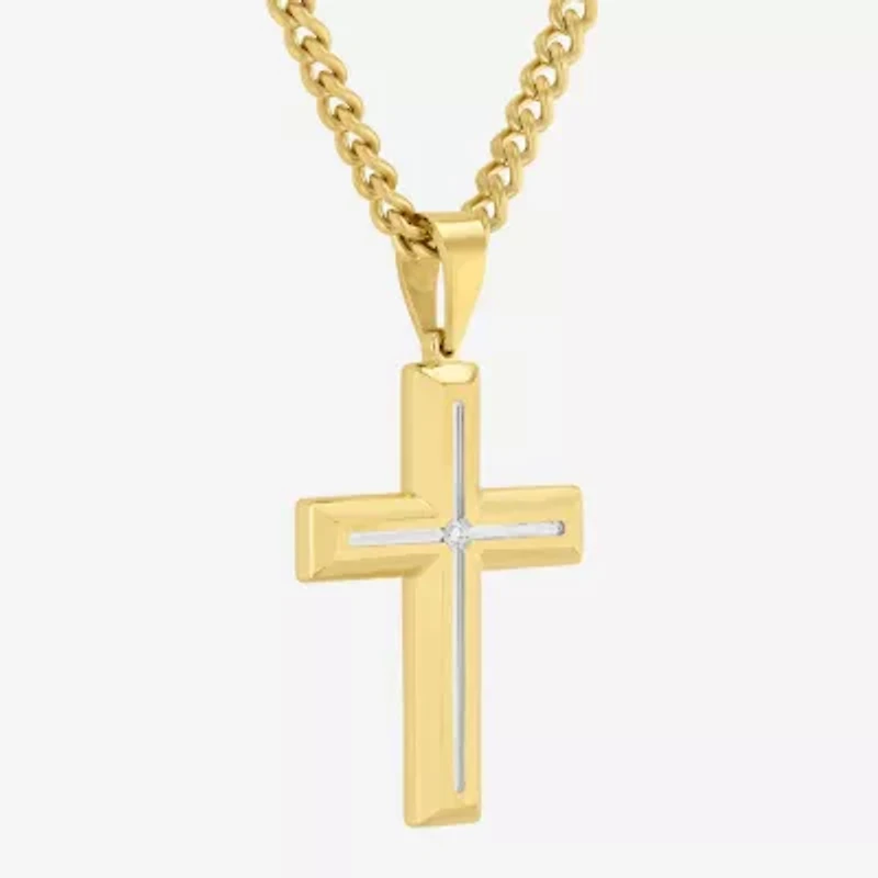 Religious Jewelry Cross (H-I / I2-I3) Mens Diamond Accent Genuine White Diamond Accent Stainless Steel Cross 24 Inch Pendant Necklace