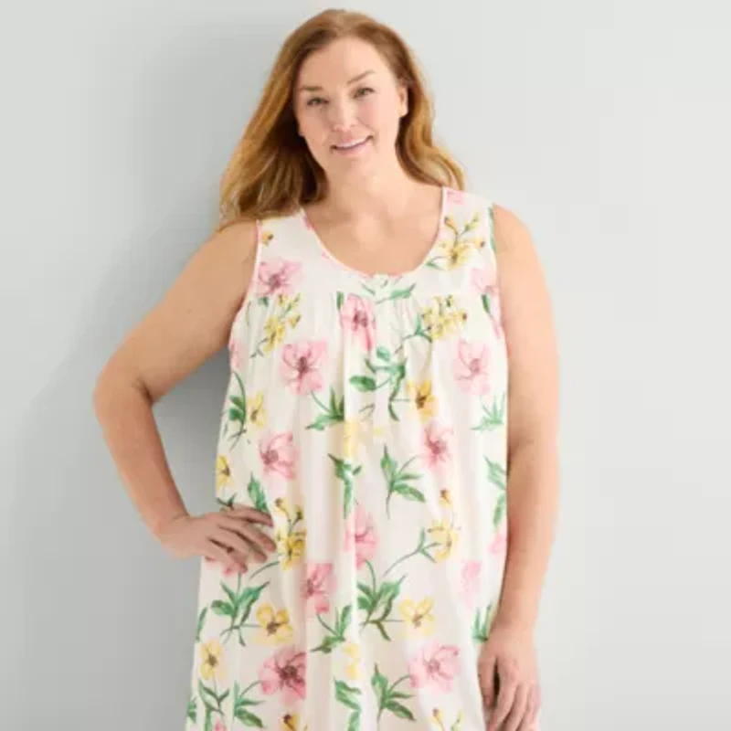 Adonna Womens Plus Poplin Sleeveless Scoop Neck Nightgown