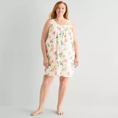 Adonna Womens Plus Poplin Sleeveless Scoop Neck Nightgown