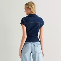 Arizona Womens Juniors Short Sleeve Regular Fit Button-Down Shirt