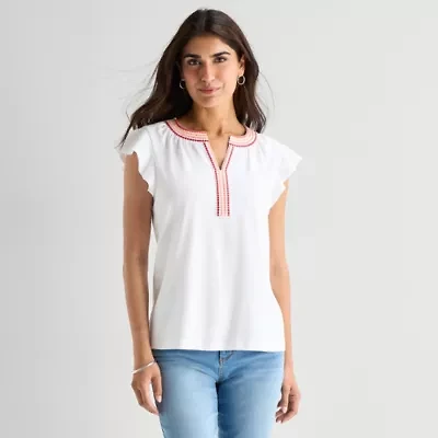 St. John's Bay Womens Split Crew Neck Short Sleeve Blouse