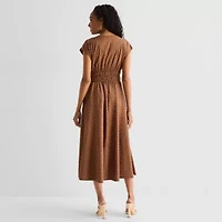 Danny & Nicole Womens Midi V Neck Sleeveless Cap Polka Dot Fit + Flare Dress
