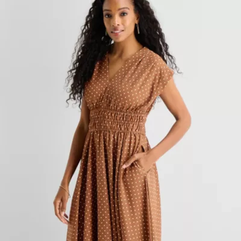 Danny & Nicole Womens Midi V Neck Sleeveless Cap Polka Dot Fit + Flare Dress