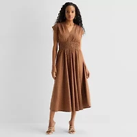 Danny & Nicole Womens Midi V Neck Sleeveless Cap Polka Dot Fit + Flare Dress