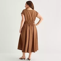 Danny & Nicole Womens Plus Midi V Neck Sleeveless Cap Polka Dot Fit + Flare Dress