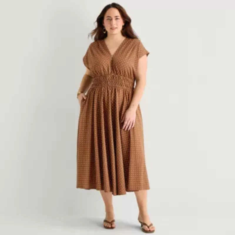 Danny & Nicole Womens Plus Midi V Neck Sleeveless Cap Polka Dot Fit + Flare Dress