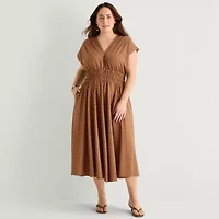 Danny & Nicole Womens Plus Midi V Neck Sleeveless Cap Polka Dot Fit + Flare Dress