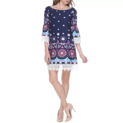 White Mark Rakel Womens Boat Neck 3/4 Sleeve Floral Sheath Dress