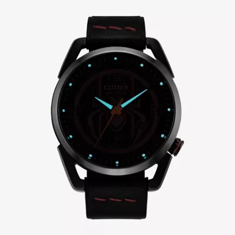 Citizen Spiderman Mens Black Leather Strap Watch Aw1685-00w
