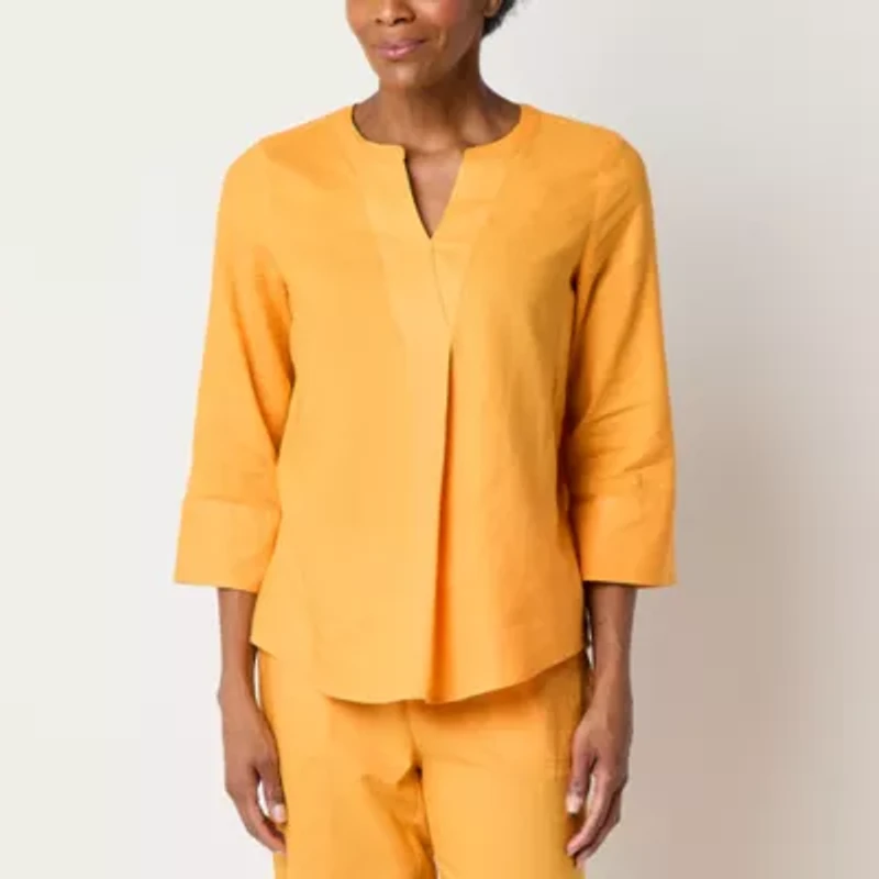 Liz Claiborne Womens Tall Split Crew Neck 3/4 Sleeve Blouse