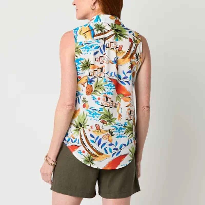 St. John's Bay Womens Tall Sleeveless Regular Fit Button-Down Shirt