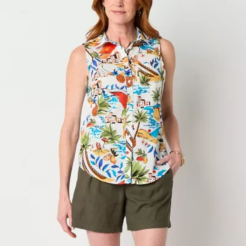 St. John's Bay Womens Tall Sleeveless Regular Fit Button-Down Shirt
