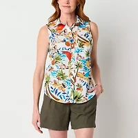 St. John's Bay Womens Tall Sleeveless Regular Fit Button-Down Shirt