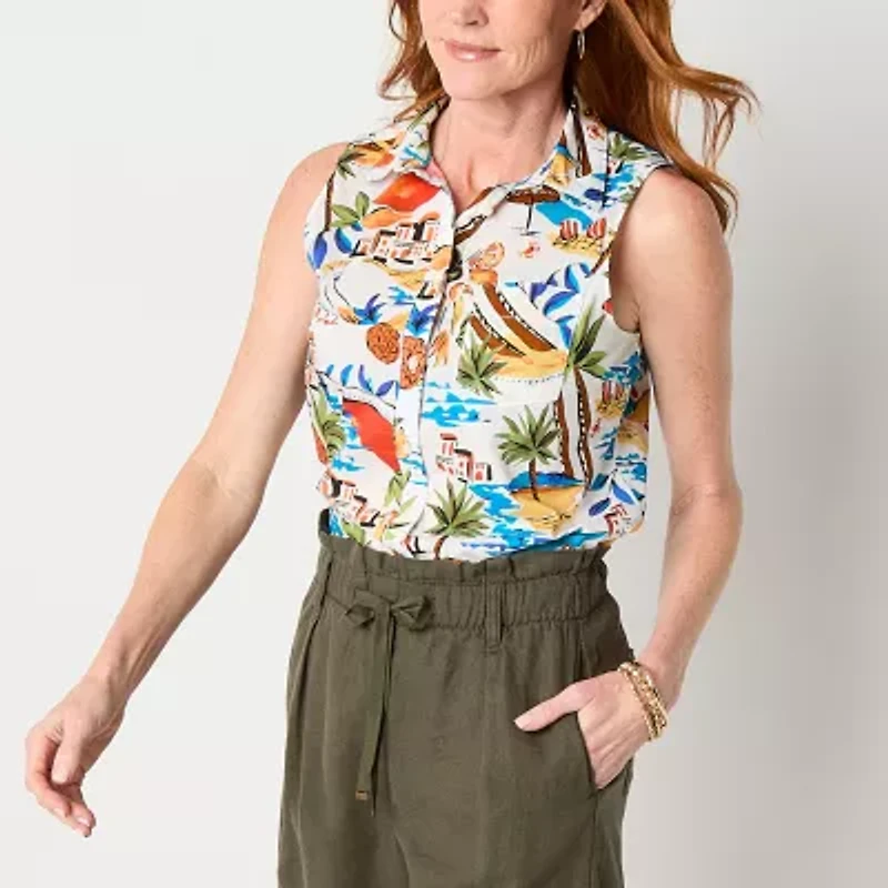 St. John's Bay Womens Tall Sleeveless Regular Fit Button-Down Shirt