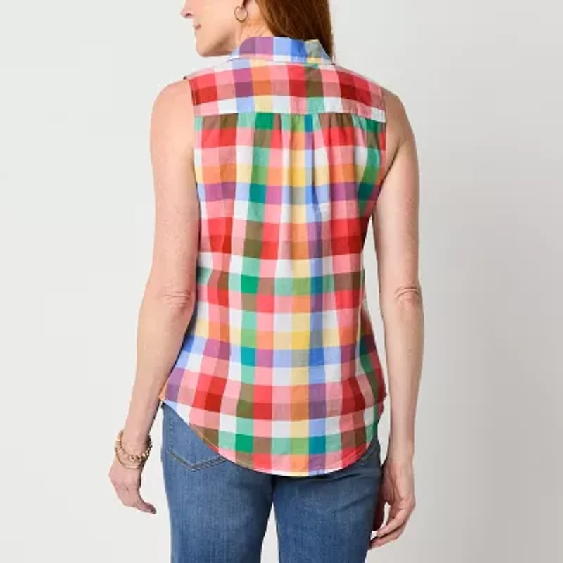 St. John's Bay Womens Tall Sleeveless Regular Fit Button-Down Shirt
