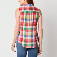 St. John's Bay Womens Tall Sleeveless Regular Fit Button-Down Shirt