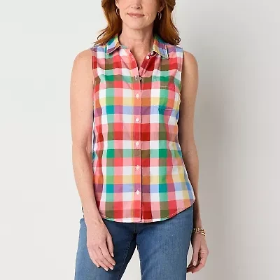 St. John's Bay Womens Sleeveless Regular Fit Tall Button-Down Shirt