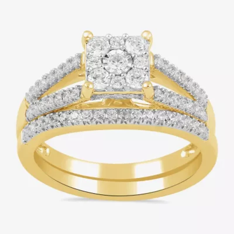 (H / I1-I2) Womens 5/8 CT. T.W. Lab Grown White Diamond 14K Gold Over Silver Sterling Halo Bridal Set
