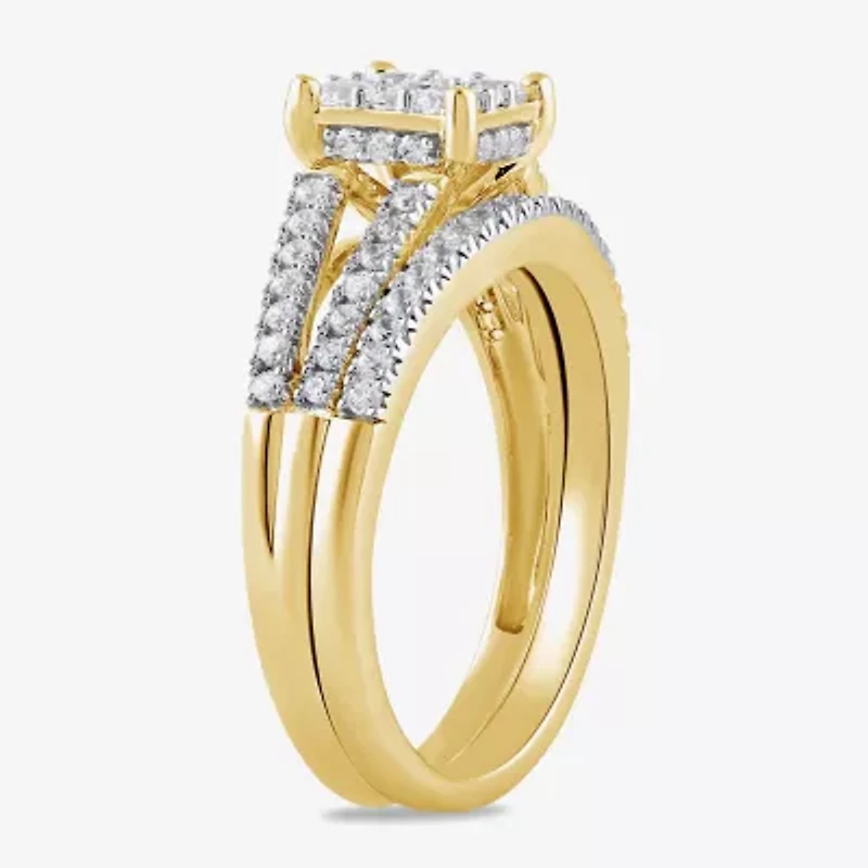 (H / I1-I2) Womens 5/8 CT. T.W. Lab Grown White Diamond 14K Gold Over Silver Sterling Halo Bridal Set