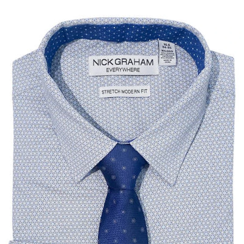 Nick Graham Mens Point Collar Long Sleeve Stretch Fabric Shirt + Tie Set Fitted