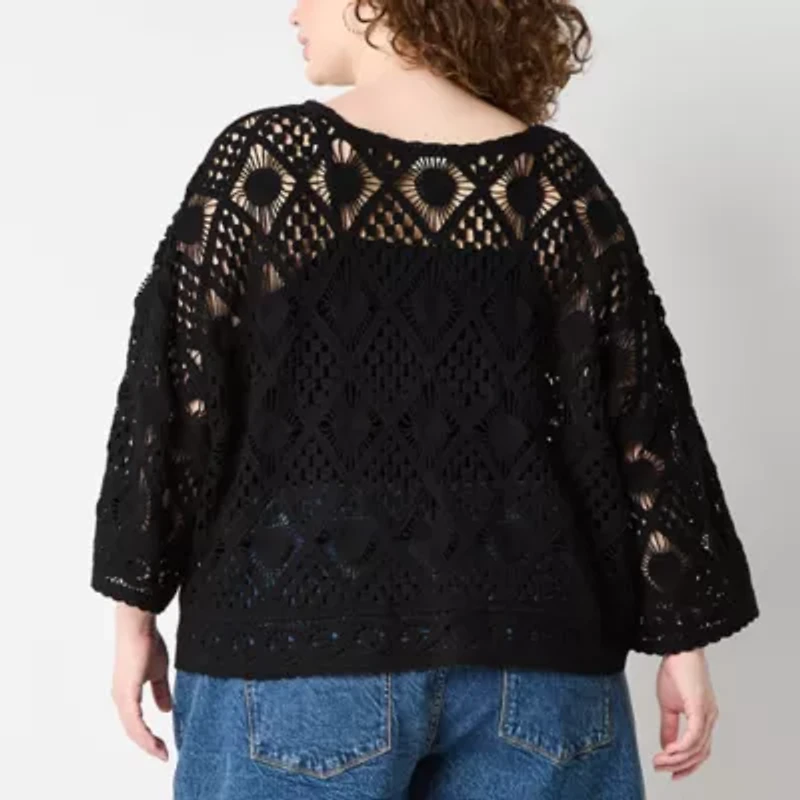 a.n.a Plus Crochet Womens Boat Neck Long Sleeve Pullover Sweater
