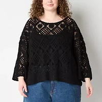 a.n.a Plus Crochet Womens Boat Neck Long Sleeve Pullover Sweater