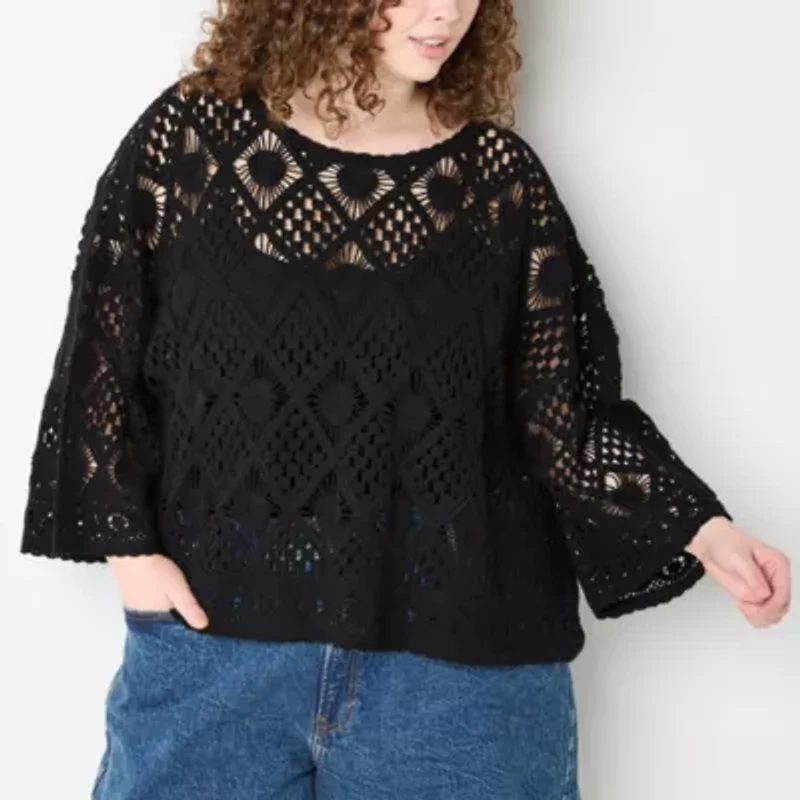 a.n.a Plus Crochet Womens Boat Neck Long Sleeve Pullover Sweater