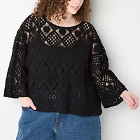 a.n.a Plus Crochet Womens Boat Neck Long Sleeve Pullover Sweater