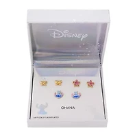 Disney Classics Womens Pink Cubic Zirconia 10K Gold Over Brass Butterfly Flower Lilo & Stitch Stitch 3 Pair Earring Set