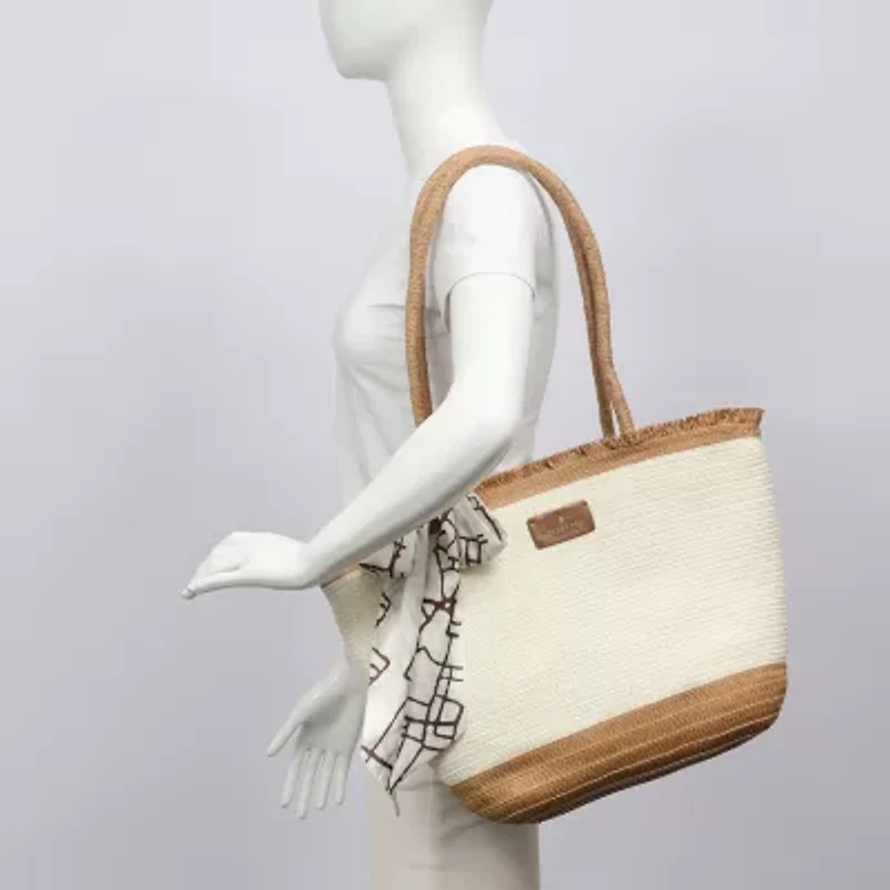 London Fog Top Ruffel Straw Tote Bag