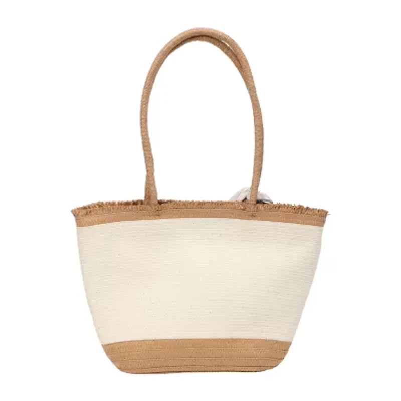 London Fog Top Ruffel Straw Tote Bag