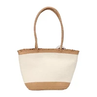 London Fog Top Ruffel Straw Tote Bag