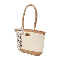 London Fog Top Ruffel Straw Tote Bag
