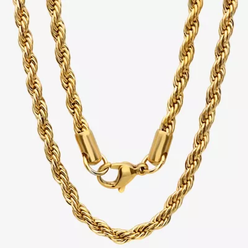 Mens 18K Gold Over Stainless Steel Hypoallergenic 30 Inch Rope Chain Necklace
