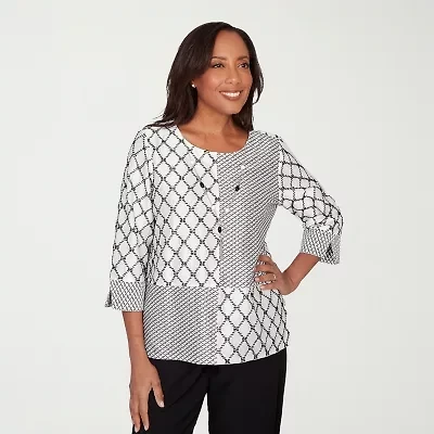 Alfred Dunner Womens U Neck 3/4 Sleeve T-Shirt