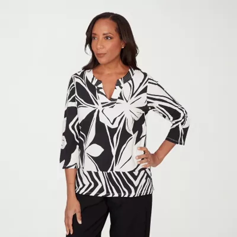 Alfred Dunner Womens Crew Neck 3/4 Sleeve T-Shirt