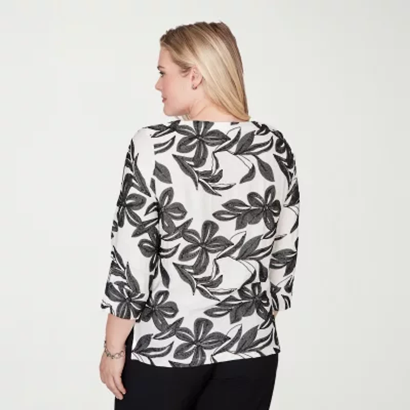 Alfred Dunner Crowd Pleaser Womens Crew Neck 3/4 Sleeve T-Shirt