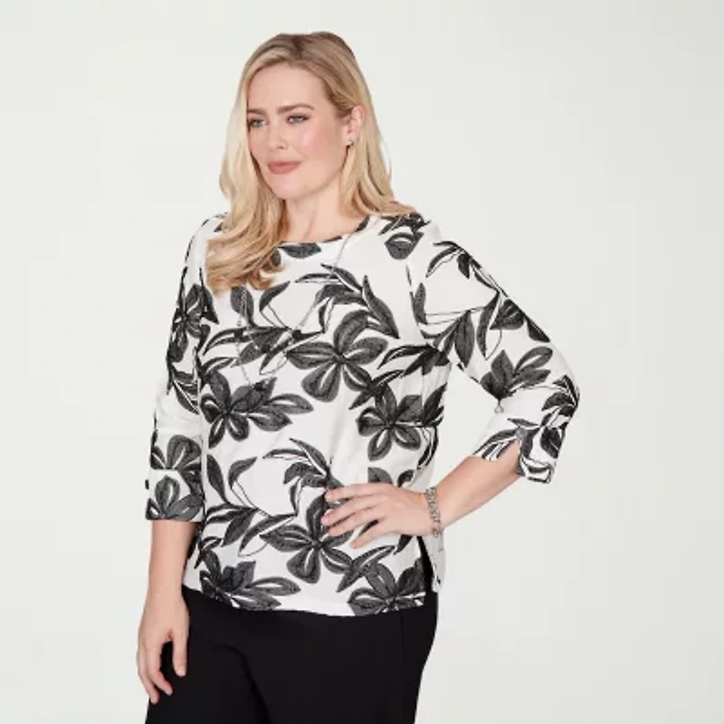 Alfred Dunner Crowd Pleaser Womens Crew Neck 3/4 Sleeve T-Shirt