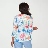 Alfred Dunner Caribbean Blues Womens Round Neck 3/4 Sleeve T-Shirt