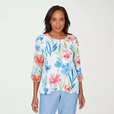 Alfred Dunner Caribbean Blues Womens Round Neck 3/4 Sleeve T-Shirt