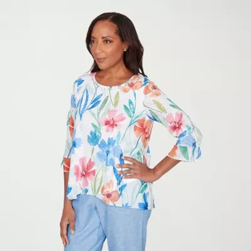 Alfred Dunner Caribbean Blues Womens Round Neck 3/4 Sleeve T-Shirt