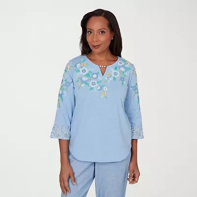 Alfred Dunner Womens Split Crew Neck 3/4 Sleeve T-Shirt