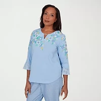 Alfred Dunner Womens Split Crew Neck 3/4 Sleeve T-Shirt