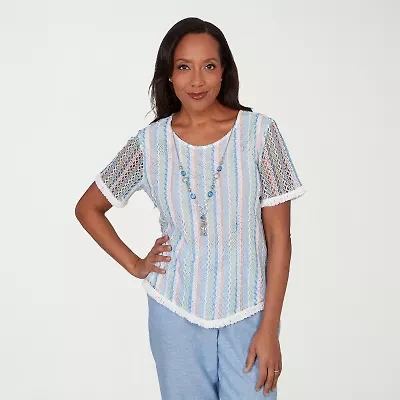 Alfred Dunner Caribbean Blues Womens Crew Neck Short Sleeve T-Shirt