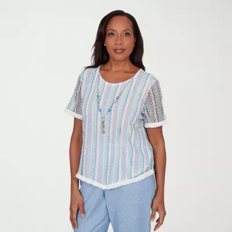 Alfred Dunner Caribbean Blues Womens Crew Neck Short Sleeve T-Shirt