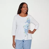 Alfred Dunner Caribbean Blues Womens Crew Neck 3/4 Sleeve T-Shirt