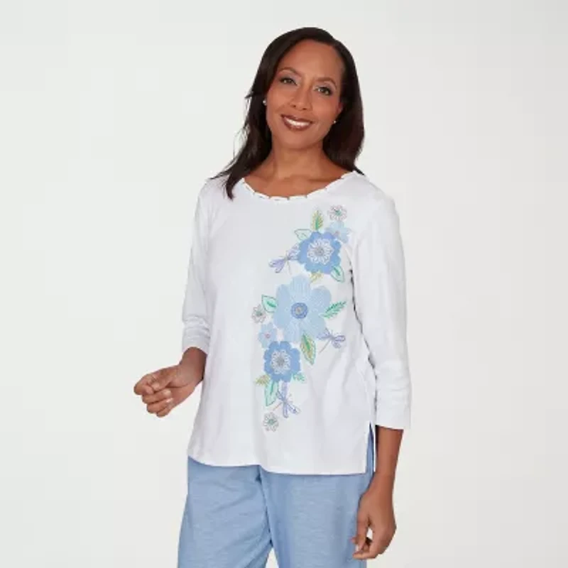 Alfred Dunner Caribbean Blues Womens Crew Neck 3/4 Sleeve T-Shirt