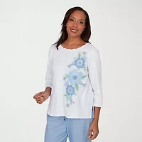 Alfred Dunner Caribbean Blues Womens Crew Neck 3/4 Sleeve T-Shirt