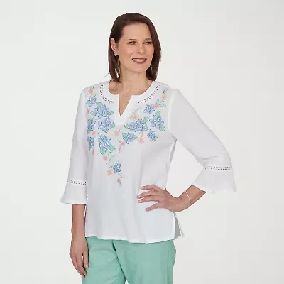 Alfred Dunner Womens Split Crew Neck 3/4 Sleeve Blouse