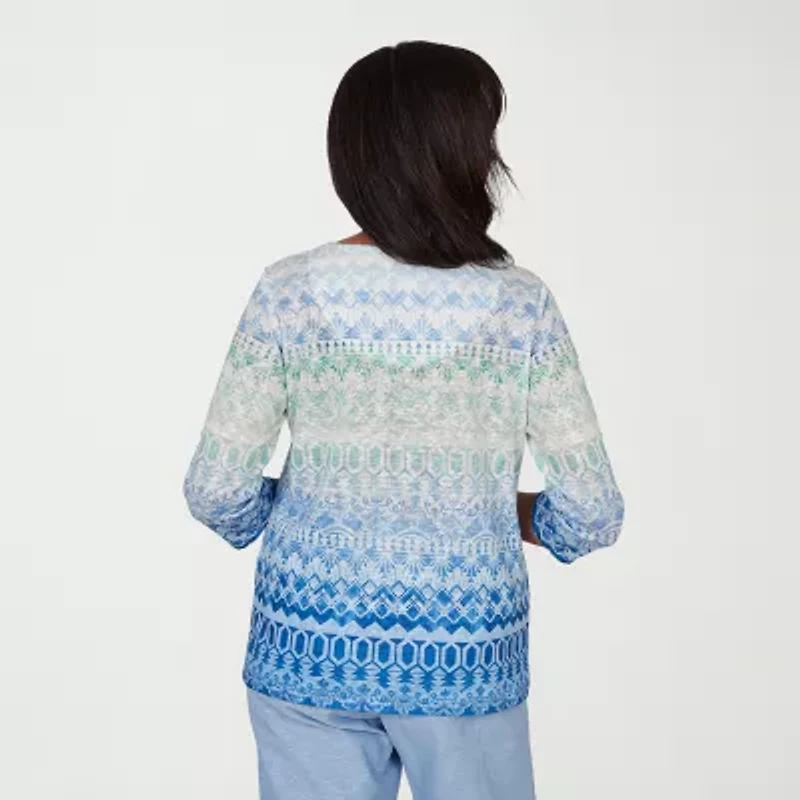 Alfred Dunner Caribbean Blues Womens Split Crew Neck 3/4 Sleeve T-Shirt